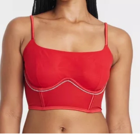 Medium Red Women's Crop Top with Rhinestone Detail Bustier - Picture 3 of 10